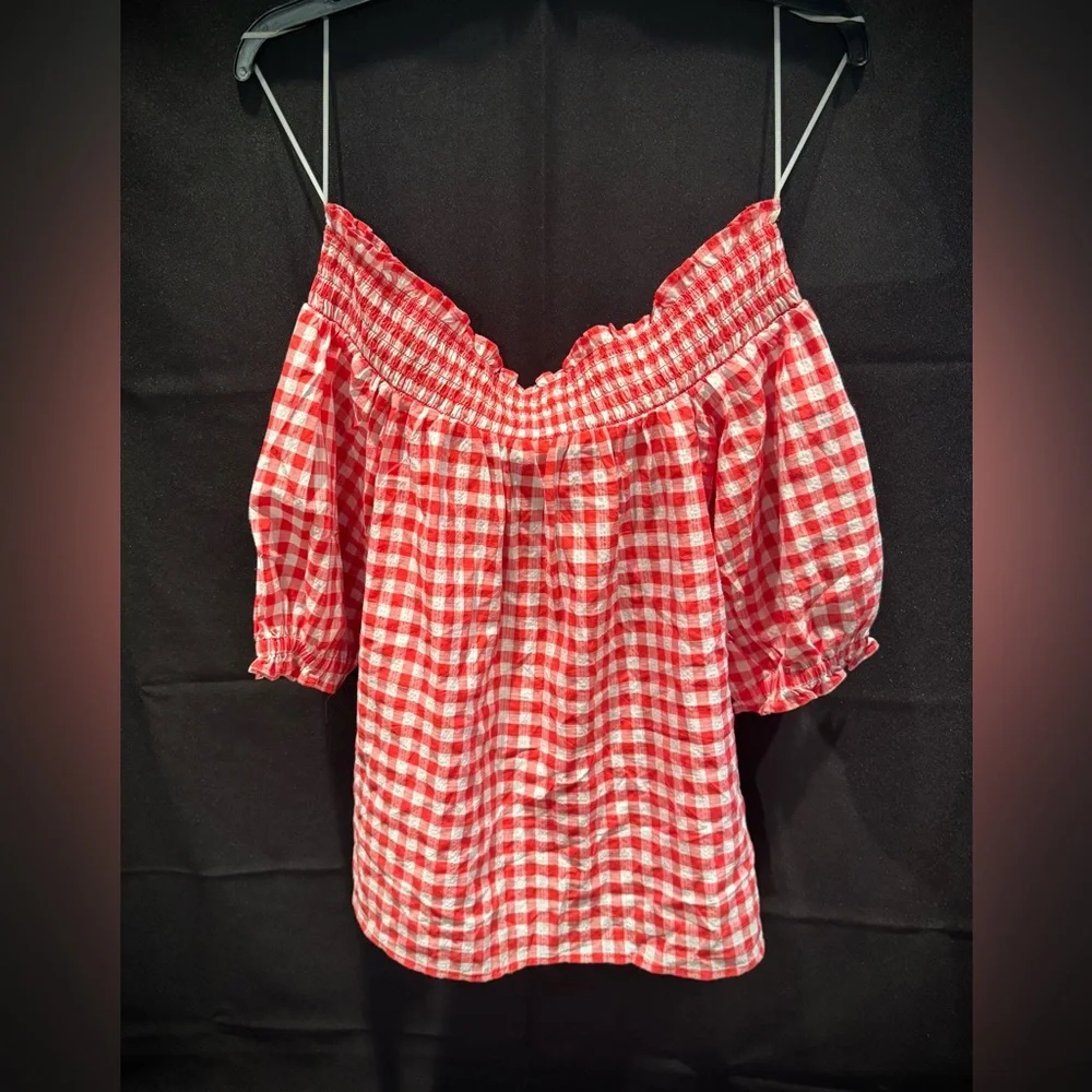 LOFT Red and White Gingham Off-Shoulder Blouse